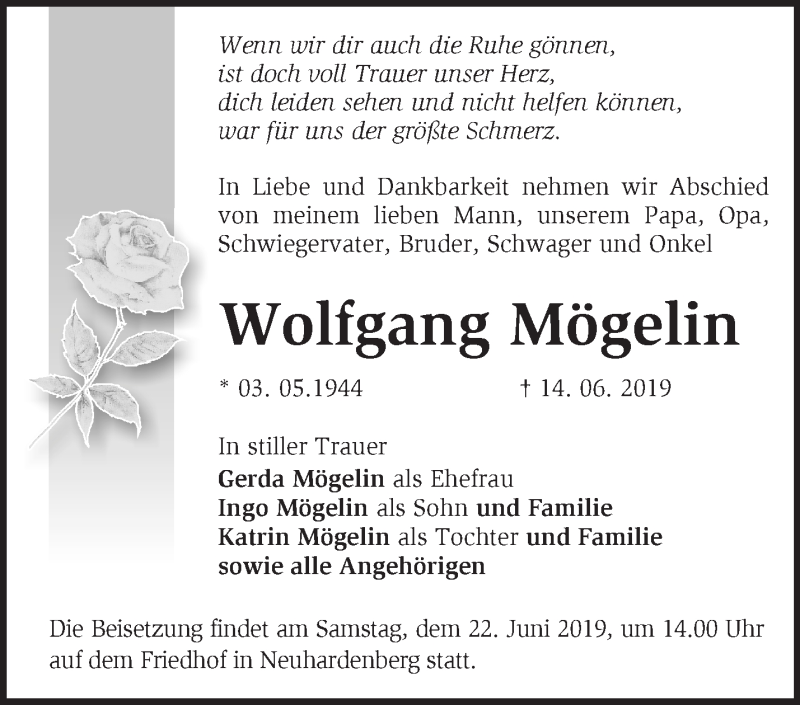  Traueranzeige für Wolfgang Mögelin vom 18.06.2019 aus Märkische Oderzeitung