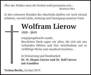 Traueranzeige von Wolfram Lierow von Märkische Oderzeitung