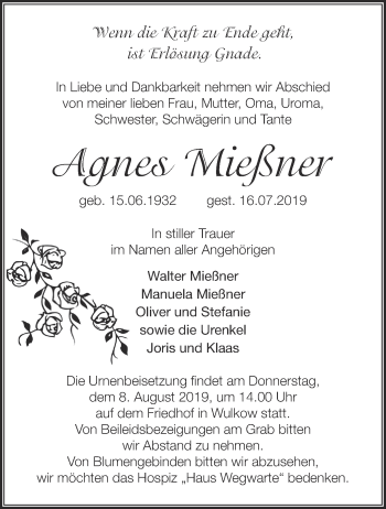 Traueranzeige von Agnes Mießner von Märkische Oderzeitung