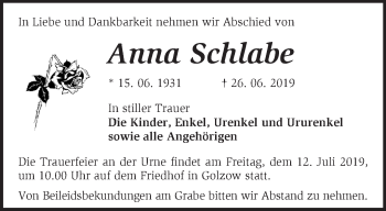 Traueranzeige von Anna Schlabe von Märkische Oderzeitung