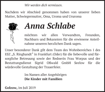 Traueranzeige von Anna Schlabe von Märkische Oderzeitung