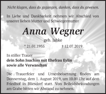 Traueranzeige von Anna Wegner von Märkische Oderzeitung