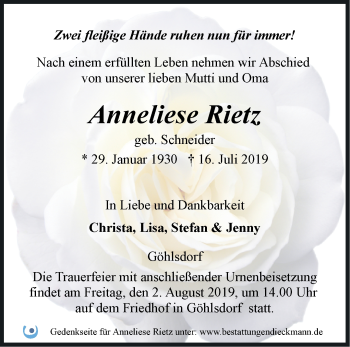 Traueranzeige von Anneliese Rietz von Märkische Oderzeitung