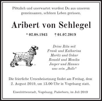 Traueranzeige von Aribert  von Schlegel von Märkische Oderzeitung