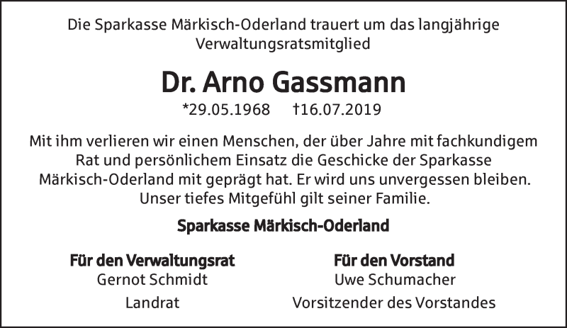  Traueranzeige für Arno Gassmann vom 27.07.2019 aus Märkische Oderzeitung