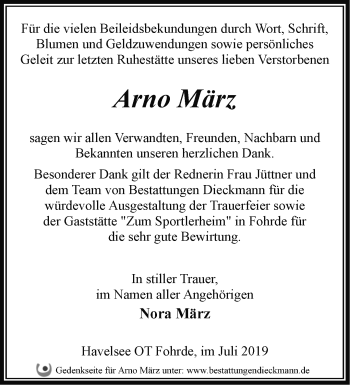 Traueranzeige von Arno März von Märkische Oderzeitung