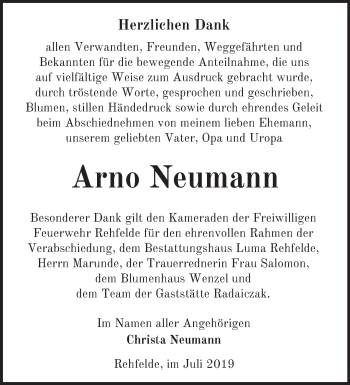 Traueranzeige von Arno Neumann von Märkische Oderzeitung