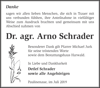 Traueranzeige von Arno Schrader von Märkische Oderzeitung