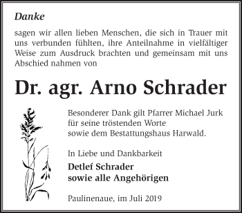 Traueranzeige von Arno Schrader von Märkische Oderzeitung