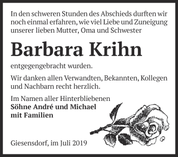 Traueranzeige von Barbara Krihn von Märkische Oderzeitung