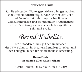 Traueranzeige von Bernd Kabelitz von Märkische Oderzeitung