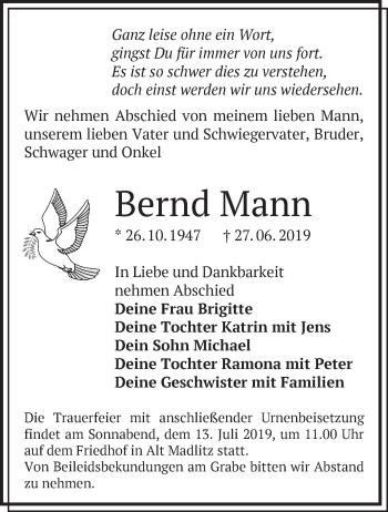 Traueranzeige von Bernd Mann von Märkische Oderzeitung