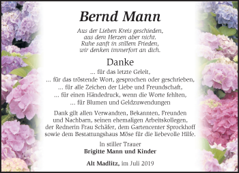 Traueranzeige von Bernd Mann von Märkische Oderzeitung