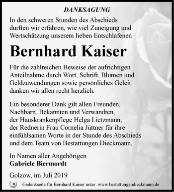 Traueranzeige von Bernhard Kaiser von Märkische Oderzeitung