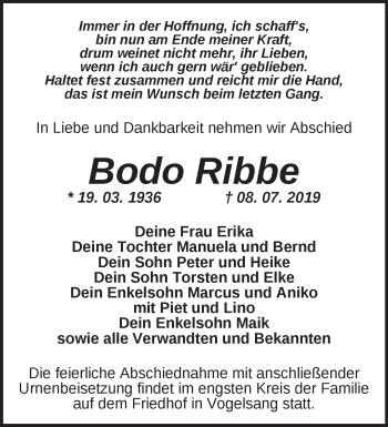 Traueranzeige von Bodo Ribbe von Märkische Oderzeitung