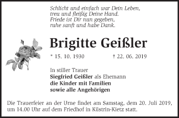 Traueranzeige von Brigitte Geißler von Märkische Oderzeitung