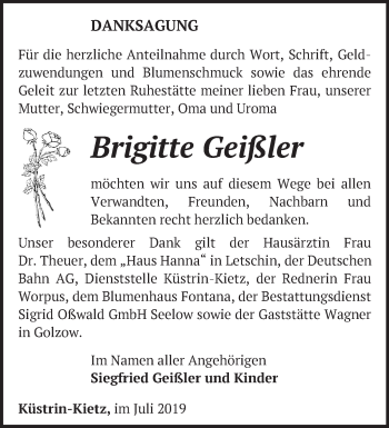 Traueranzeige von Brigitte Geißler von Märkische Oderzeitung