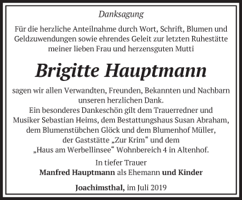 Traueranzeige von Brigitte Hauptmann von Märkische Oderzeitung