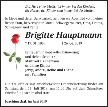 Traueranzeige von Brigitte Hauptmann von Märkische Oderzeitung