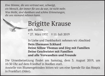 Traueranzeige von Brigitte Krause von Märkische Oderzeitung