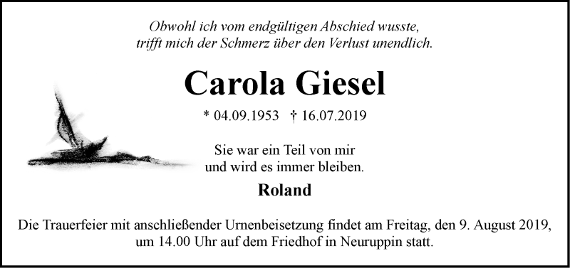  Traueranzeige für Carola Giesel vom 27.07.2019 aus Märkische Oderzeitung