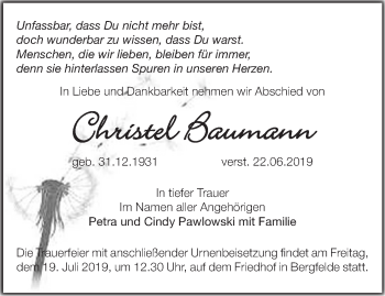 Traueranzeige von Christel Baumann von Märkische Oderzeitung