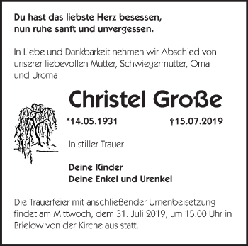 Traueranzeige von Christel Große von Märkische Oderzeitung