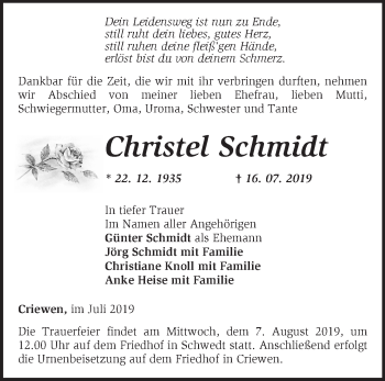 Traueranzeige von Christel Schmidt von Märkische Oderzeitung