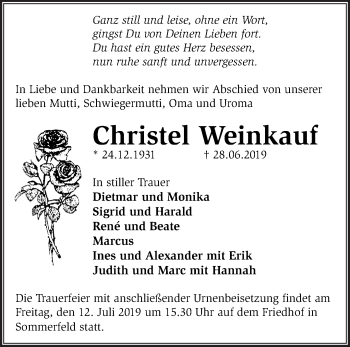 Traueranzeige von Christel Weinkauf von Märkische Oderzeitung