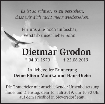 Traueranzeige von Dietmar Grodon von Märkische Oderzeitung