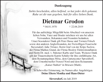 Traueranzeige von Dietmar Grodon von Märkische Oderzeitung