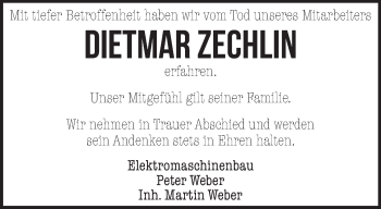 Traueranzeige von Dietmar Zechlin von Märkische Oderzeitung