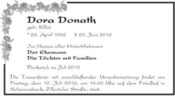 Traueranzeige von Dora Donath von Märkische Oderzeitung