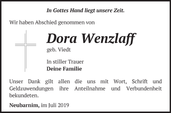 Traueranzeige von Dora Wenzlaff von Märkische Oderzeitung