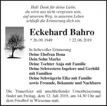 Traueranzeige von Eckehard Bahro von Märkische Oderzeitung