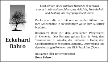 Traueranzeige von Eckehard Bahro von Märkische Oderzeitung