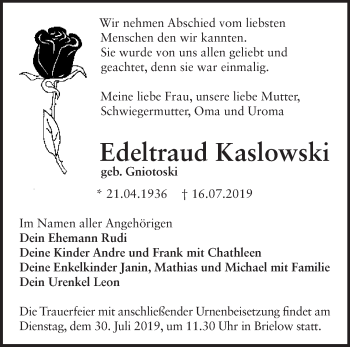 Traueranzeige von Edeltraud Kaslowski von Märkische Oderzeitung