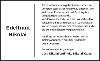 Traueranzeige von Edeltraut Nikolai von Märkische Oderzeitung