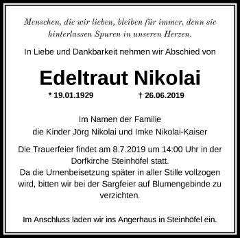 Traueranzeige von Edeltraut Nikolai von Märkische Oderzeitung