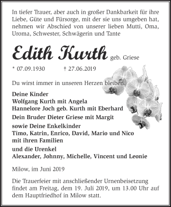 Traueranzeige von Edith Kurth von Märkische Oderzeitung