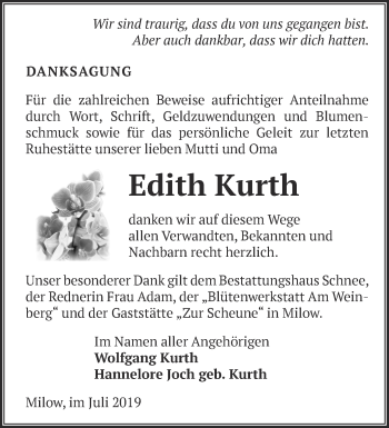 Traueranzeige von Edith Kurth von Märkische Oderzeitung