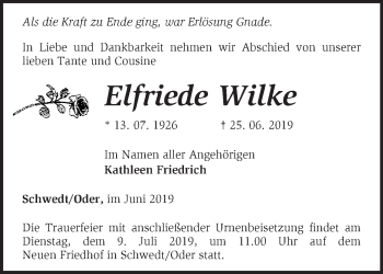 Traueranzeige von Elfriede Wilke von Märkische Oderzeitung