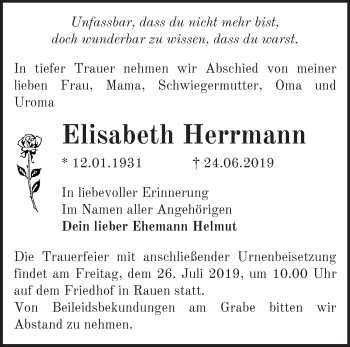 Traueranzeige von Elisabeth Herrmann von Märkische Oderzeitung