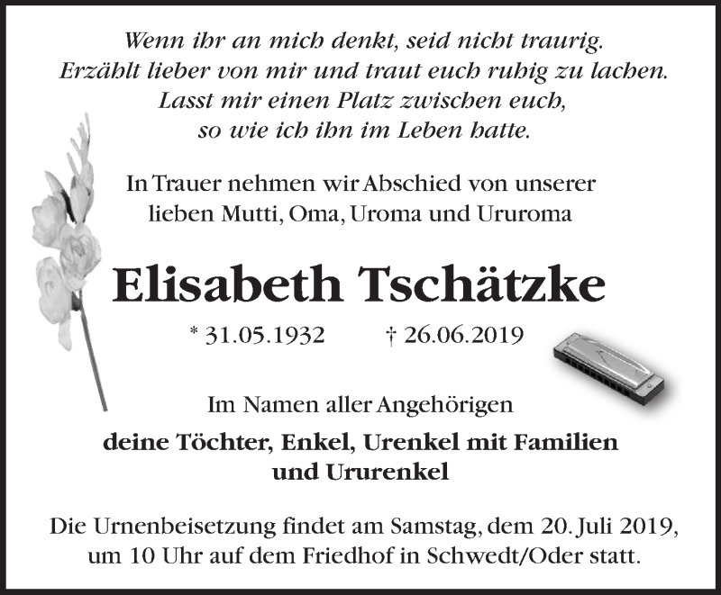  Traueranzeige für Elisabeth Tschätzke vom 07.07.2019 aus Märkische Oderzeitung