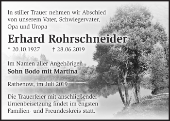 Traueranzeige von Erhard Rohrschneider von Märkische Oderzeitung