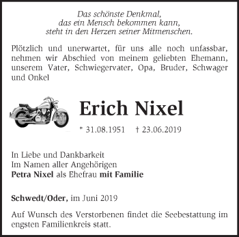 Traueranzeige von Erich Nixel von Märkische Oderzeitung