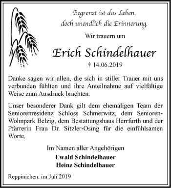 Traueranzeige von Erich Schindelhauer von Märkische Oderzeitung