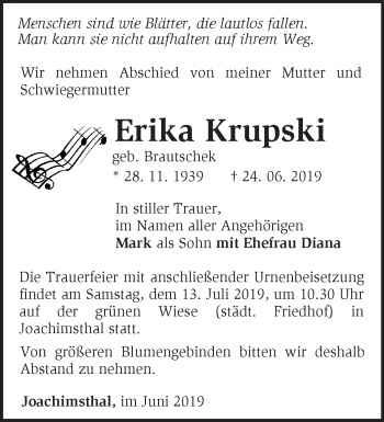 Traueranzeige von Erika Krupski von Märkische Oderzeitung