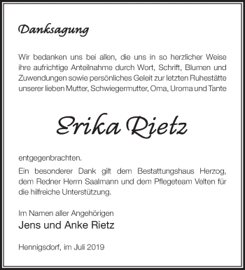 Traueranzeige von Erika Rietz von Märkische Oderzeitung