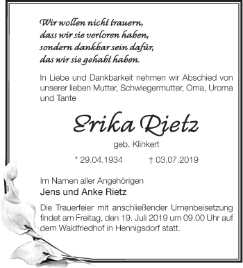 Traueranzeige von Erika Rietz von Märkische Oderzeitung